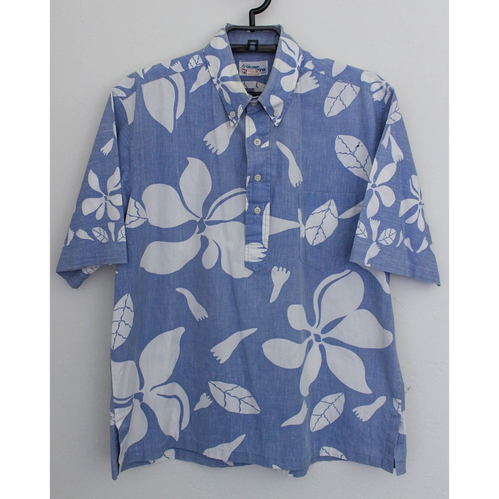 Reyn Spooner Hawaiian Shirt Large Blue Floral Popover Reverse Print *FLAW